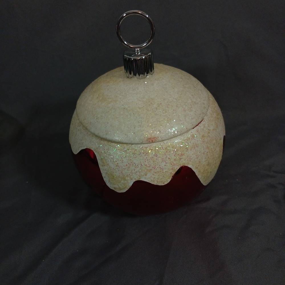 Radko Ornament Jar Red Excellent Glitter Snow Lidded Ceramic Gift